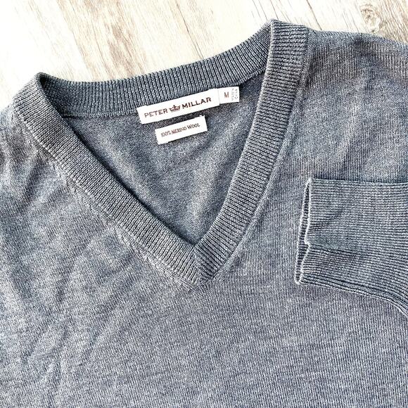 Peter Millar Men 100% Merino Wool V-Neck Pullover Sweater Heather Gray Sz Medium - Picture 1 of 9